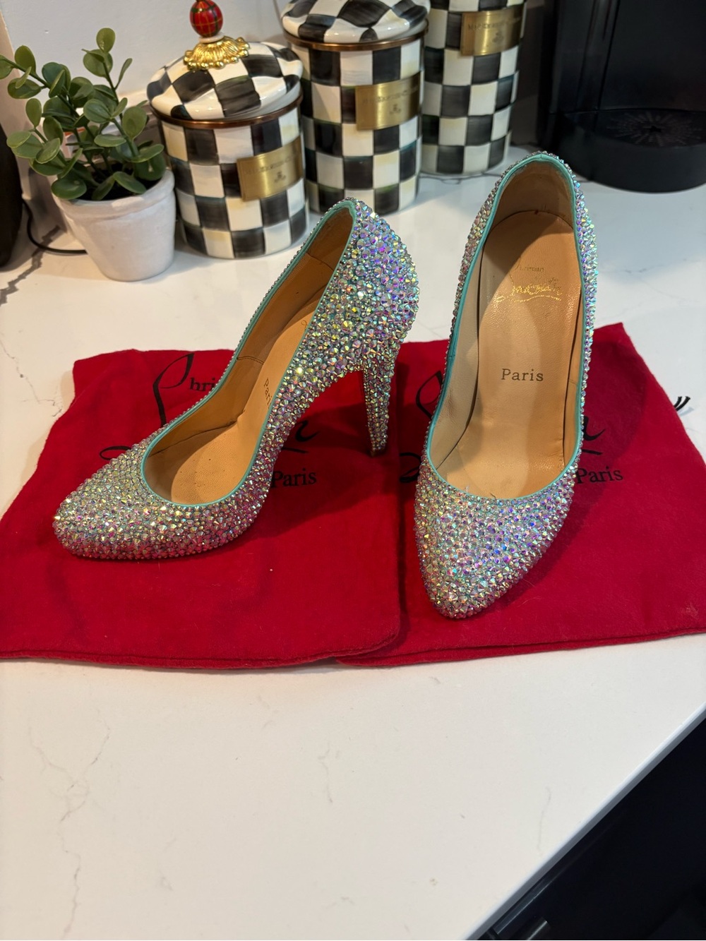 Vero Cuoio Iridescent Crystal Heels - Aqua Trim (silver/faint blue)